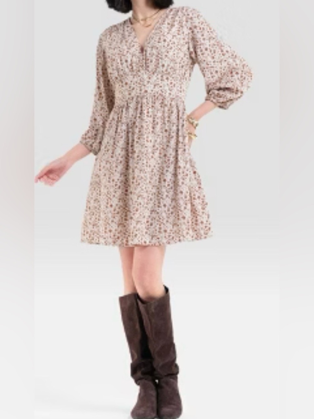 Belongsci Women Cream Floral Long-Sleeve V-Neck Smocked Waist Dress Size S
